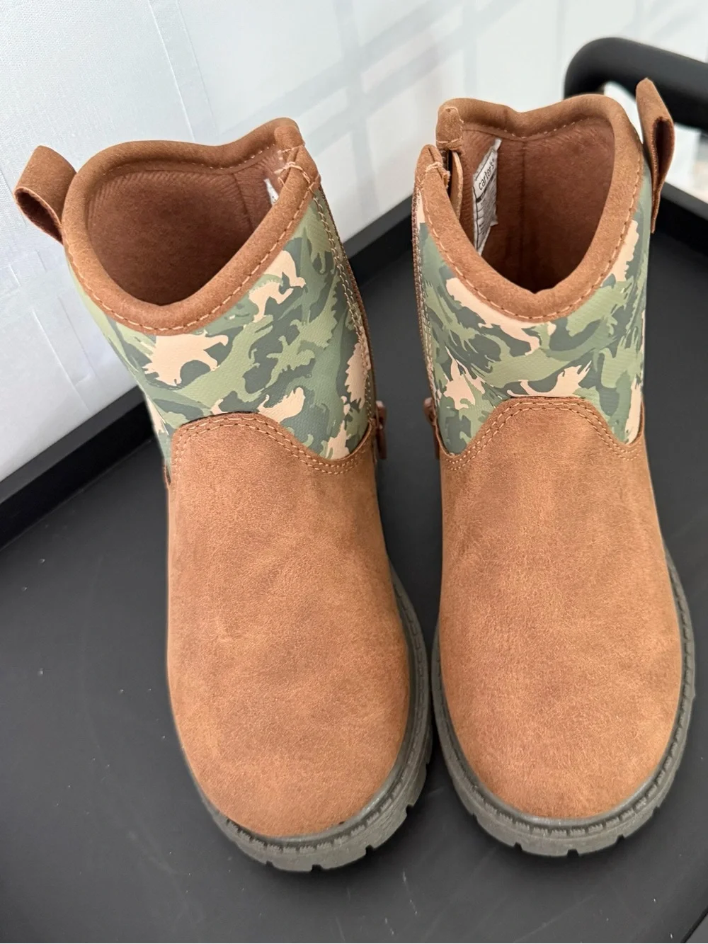 Carter's Brown Suede-Look Ankle Boots with Green Camo Dinosaur Accent